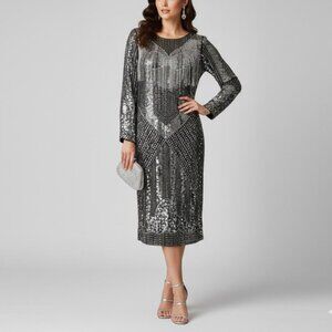 Vintage Sho Max Size S Silver Sequin Beaded Silk Long Sleeve Midi Disco Dress
